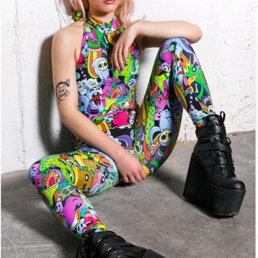 Vibrant Neon Graphic Jumpsuit/Catsuit With Arm Warmers Included
